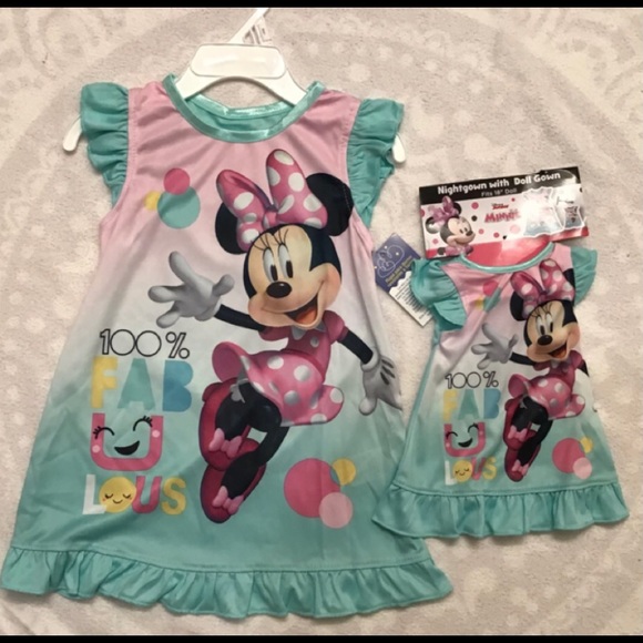 Minnie Mouse Teal & Pink Ruffle Sleeve Nightgown & Doll Nightgown. NWT. Size 2T